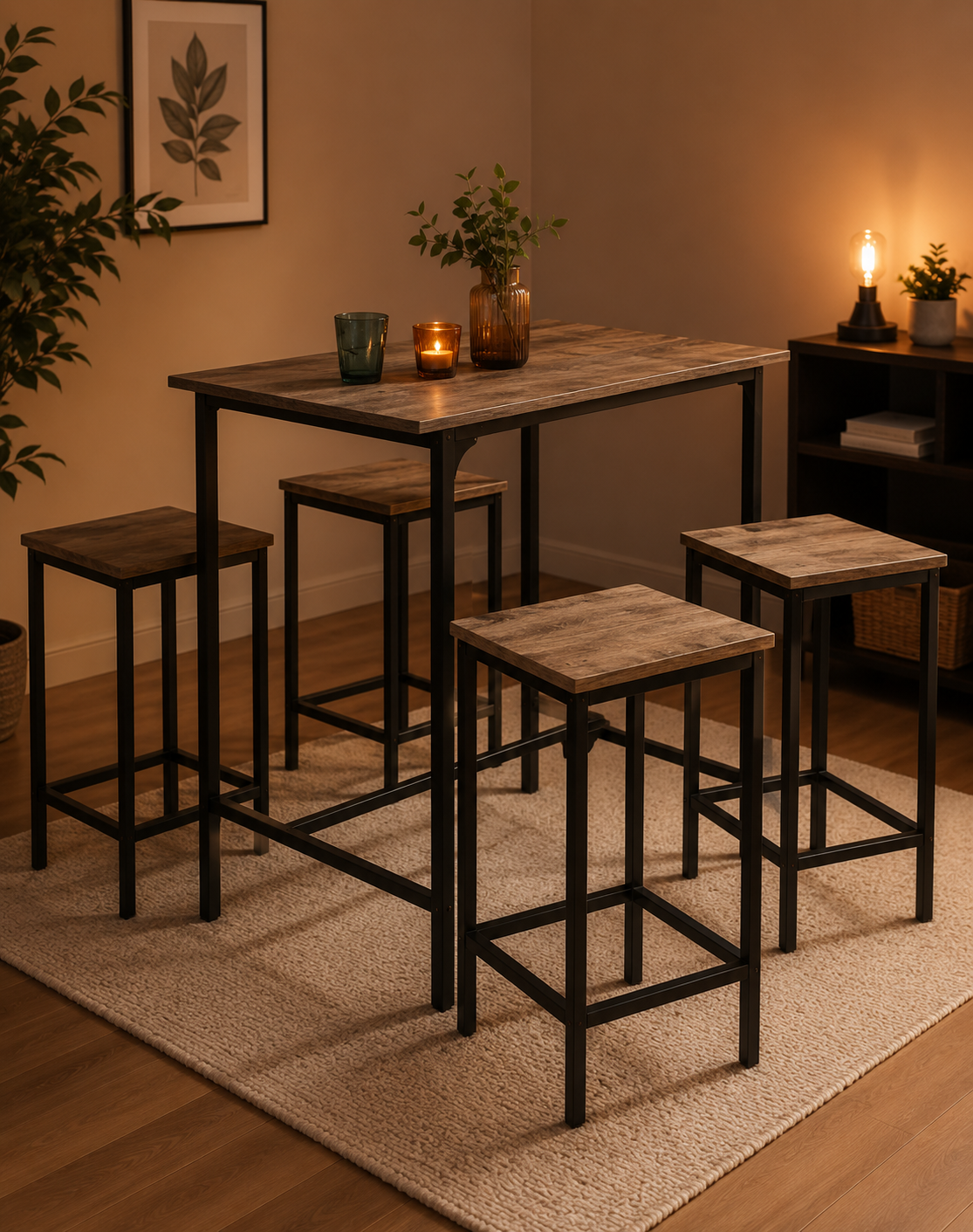 Set de Mesa Bar Bistró y 4 Bancos Altos para Área Gourmet y Quincho